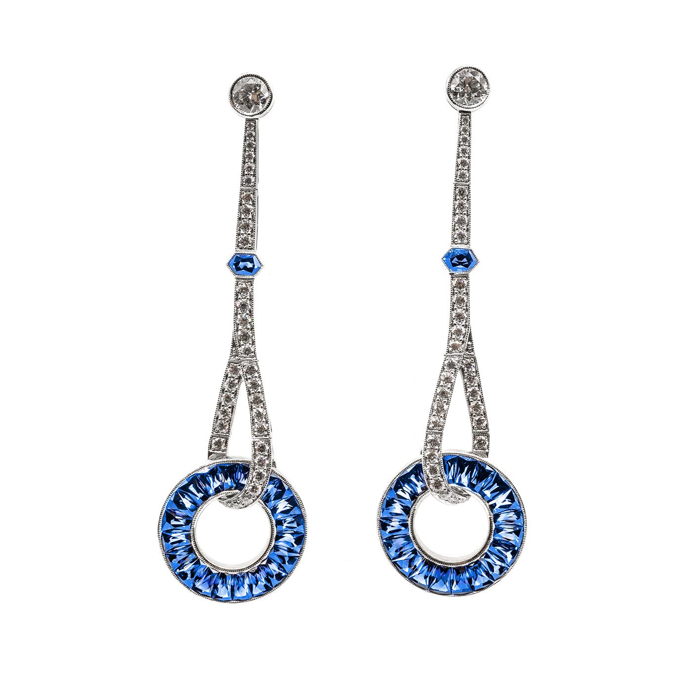 Women's Sapphire And Diamond Platinum Drop Earrings For Sale