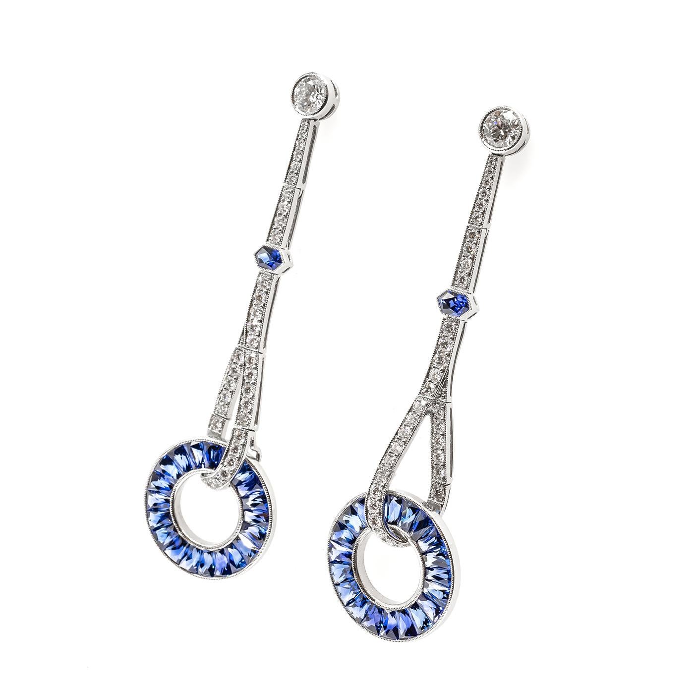 Sapphire And Diamond Platinum Drop Earrings For Sale 1
