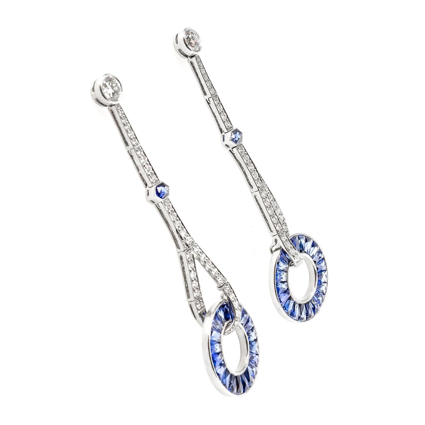 Sapphire And Diamond Platinum Drop Earrings For Sale 2
