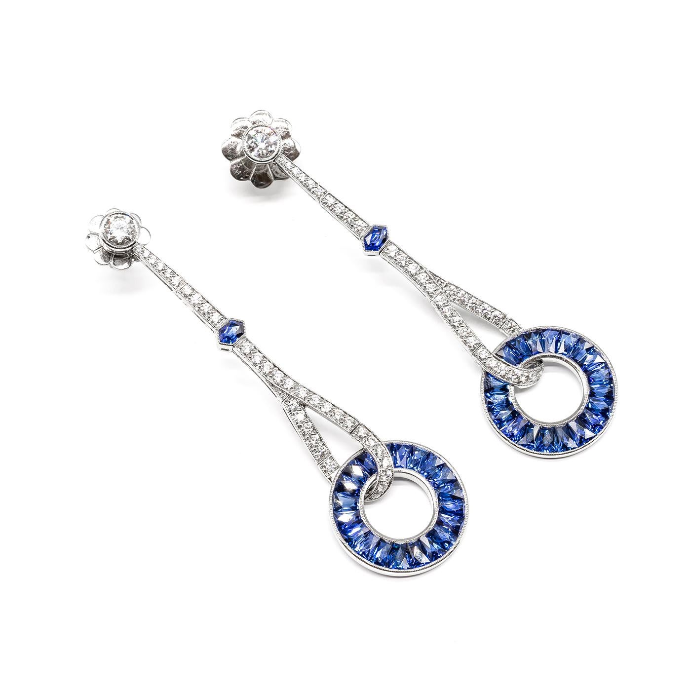 Sapphire And Diamond Platinum Drop Earrings For Sale 3