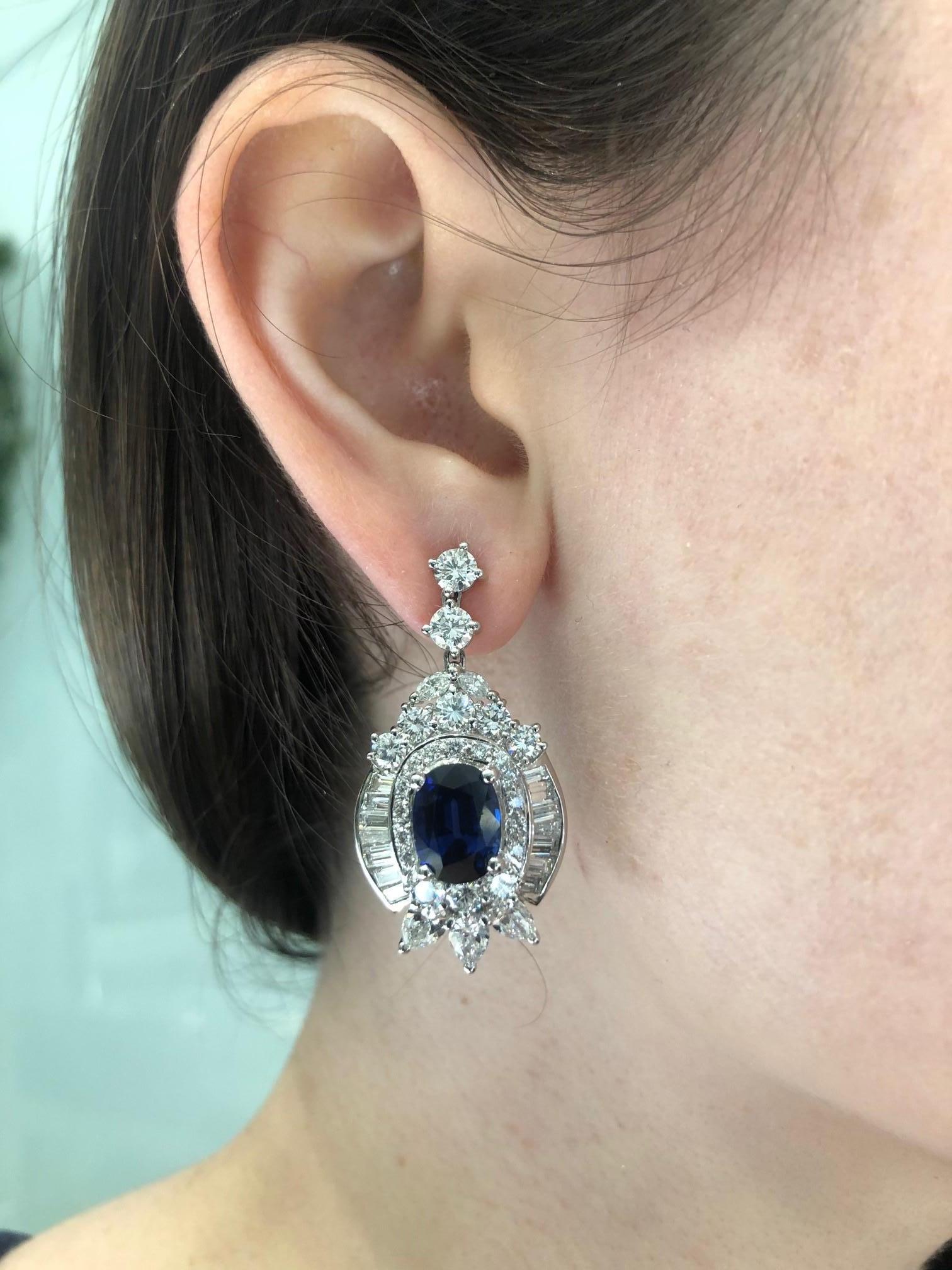 6.75 Carat Blue Sapphire and 8 Carat Diamond Platinum Drop Earrings 8