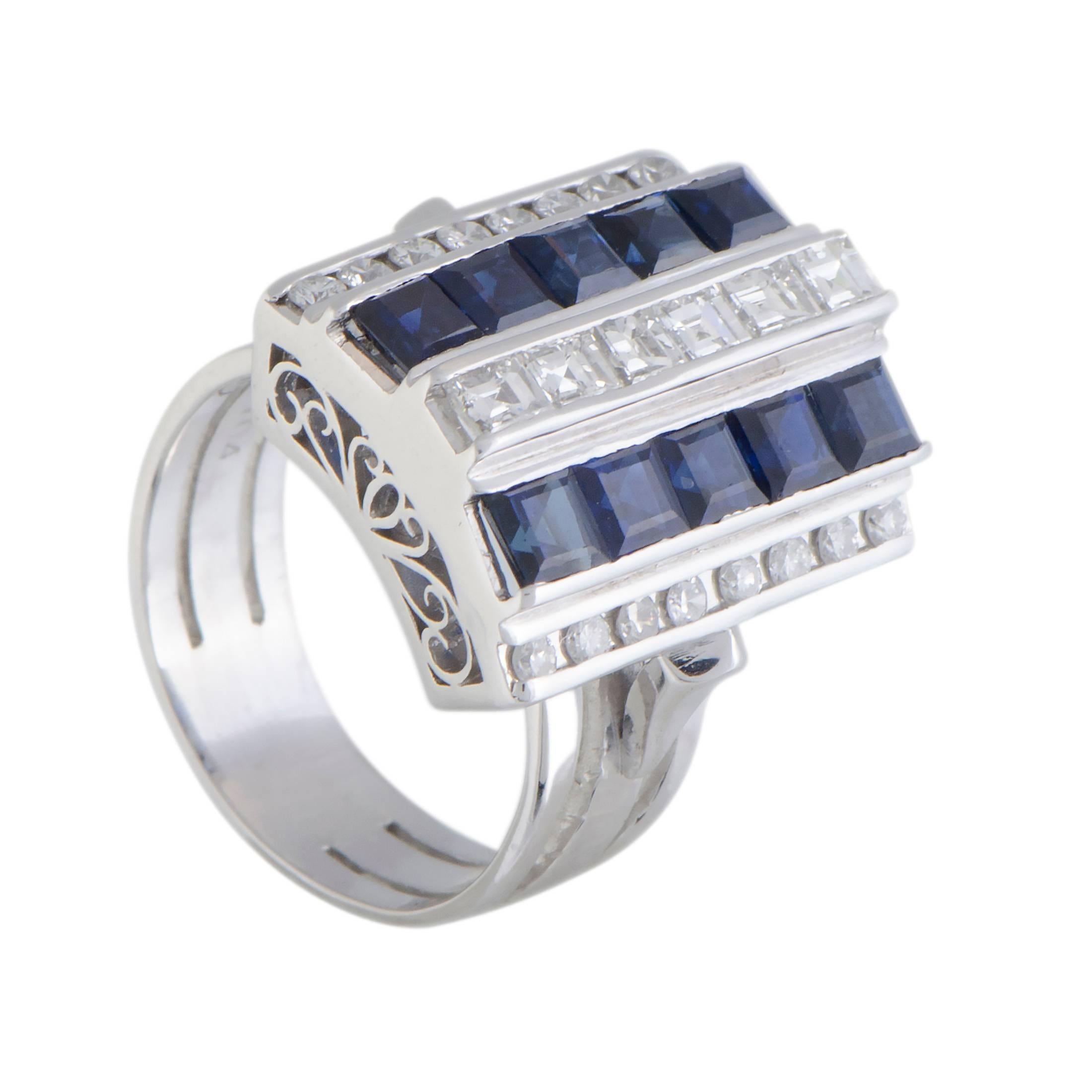 Sapphire and Diamond Platinum Rectangular Ring