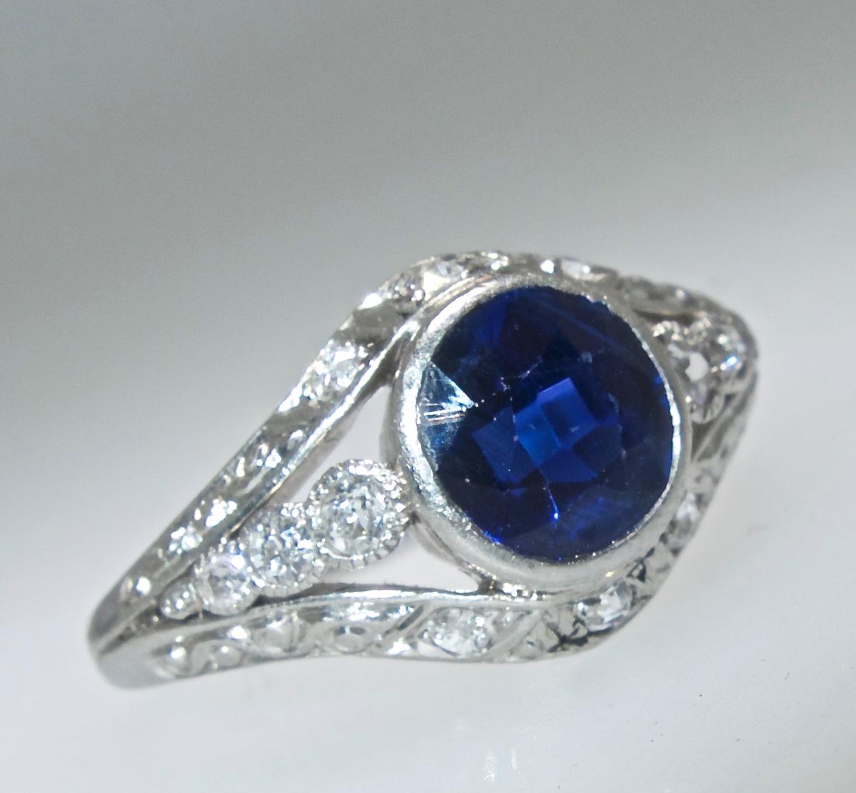 Burma sapphire, unheated,  and Diamond Platinum Ring, circa 1920 In Good Condition In Aspen, CO