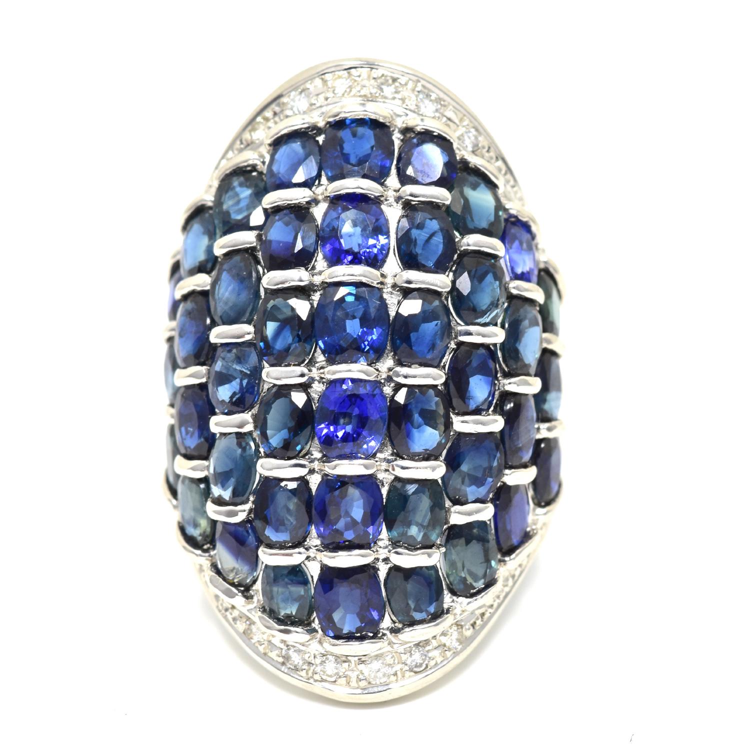 
Style: Cocktail Ring

Metal Type: Platinum

Stones: 42 Round Sapphires

and Pave Diamonds

Total Item Weight (grams): 13.9 grams

Width: Approx. 3.5 cm

Ring Size: 6.5

​​​Includes: Brilliance Jewels 2 Year Warranty

Brilliance Jewels Ring Packaging
