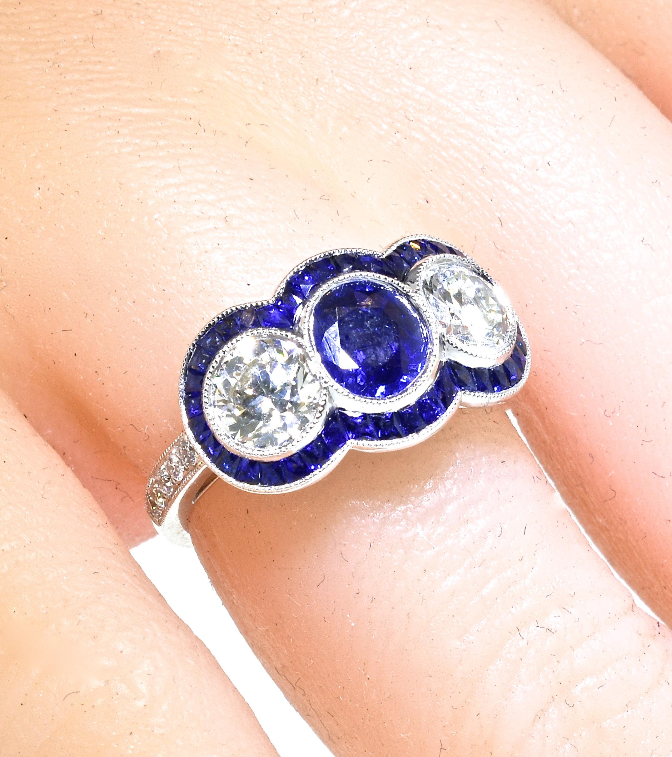 Contemporary Fine Royal Blue Natural Sapphire and Diamond Platinum Ring