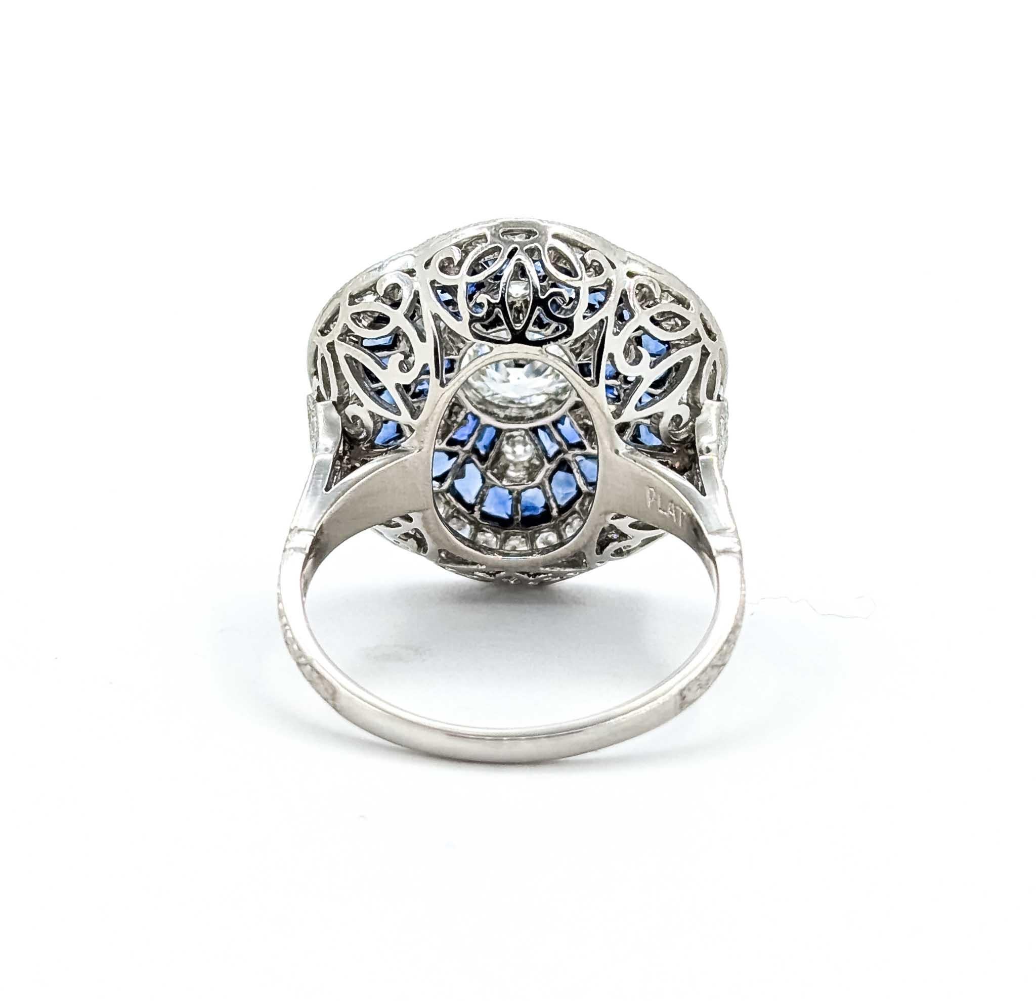 Taille vieille Europe Bague en platine avec saphir et diamants en vente