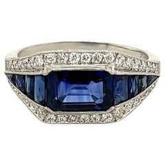 Sapphire and Diamond Platinum Vintage Cocktail Ring Fine Estate Jewelry