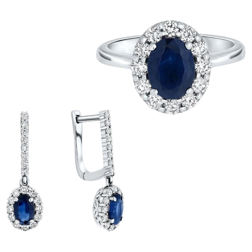 Sapphire and Diamond Princess Diana Ring & Earrings Set in 14K White Gold For Sale