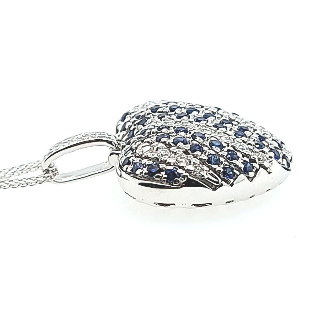 Round Cut Sapphire and Diamond Puff Heart Pendant Necklace in White Gold For Sale