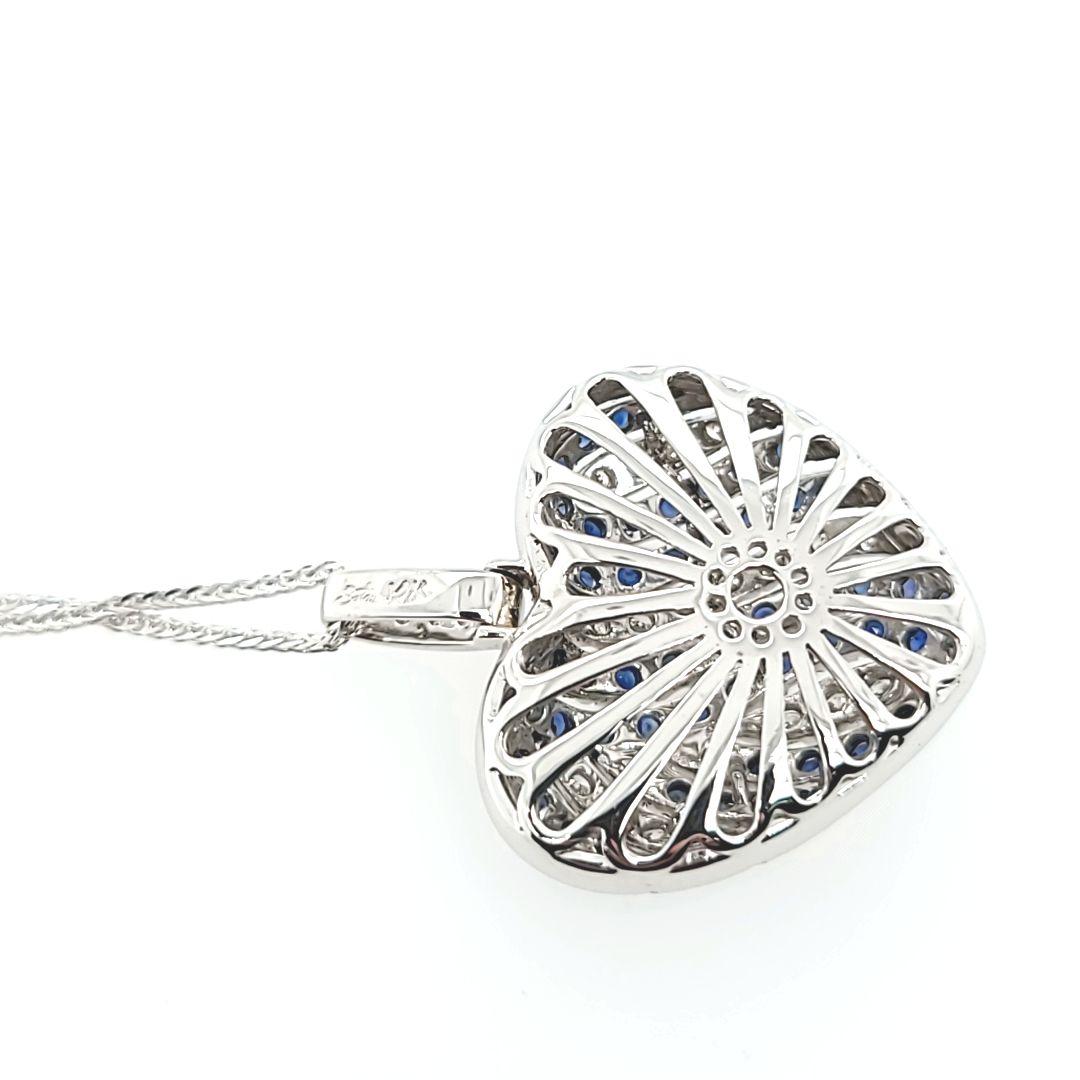 Sapphire and Diamond Puff Heart Pendant Necklace in White Gold In Good Condition For Sale In Coral Gables, FL