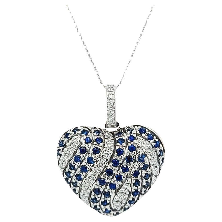 Sapphire and Diamond Puff Heart Pendant Necklace in White Gold For Sale