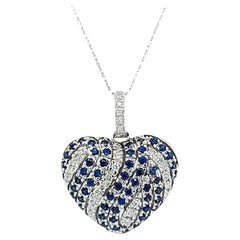 Vintage Sapphire and Diamond Puff Heart Pendant Necklace in White Gold