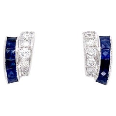 Sapphire and Diamond Ribbon Retro Gold Post Earrings Estate Fine Jewelry