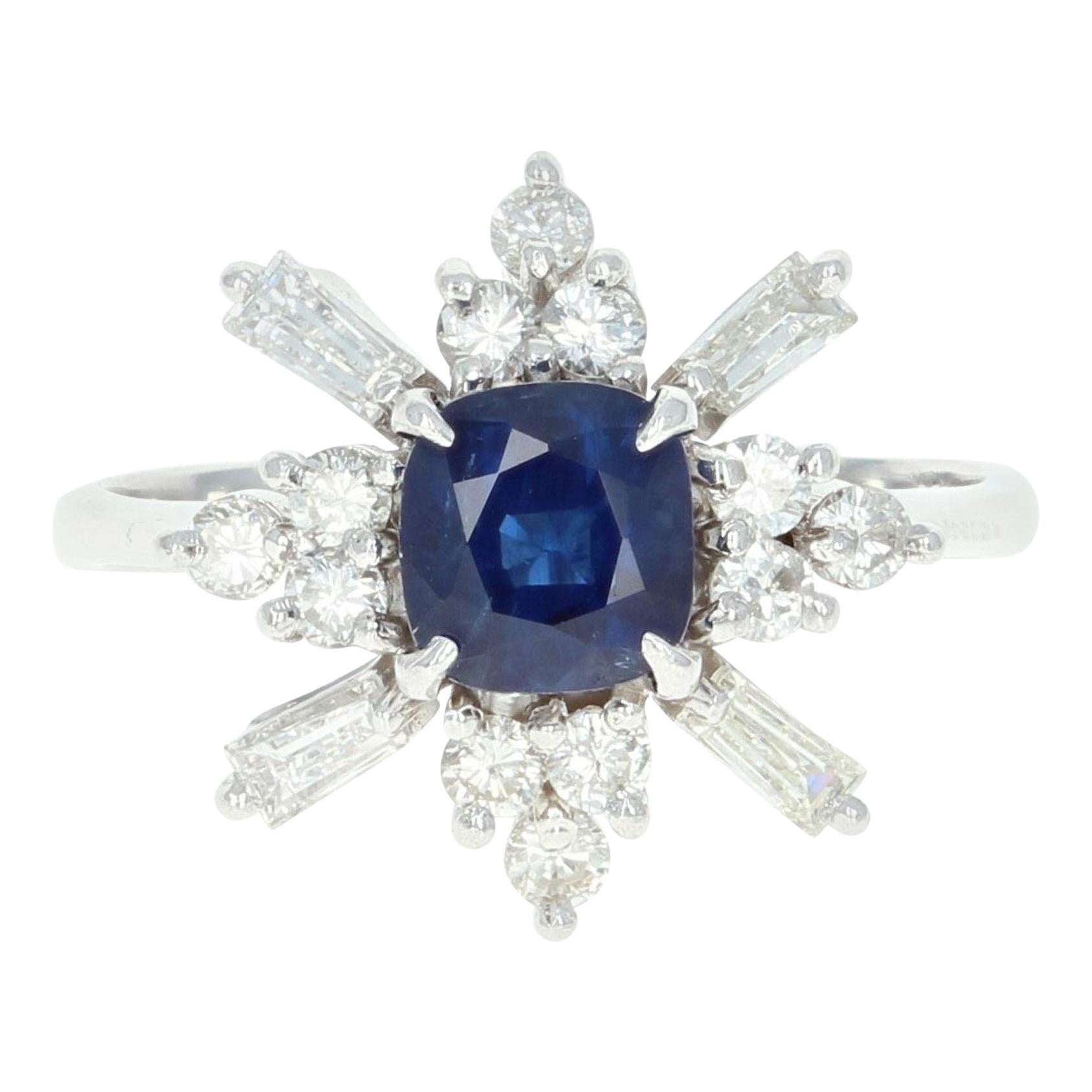 Sapphire and Diamond Ring, 14 Karat White Gold Square Cushion 1.49 Carat