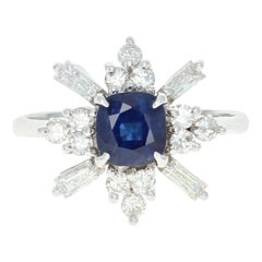 Vintage Sapphire and Diamond Ring, 14 Karat White Gold Square Cushion 1.49 Carat