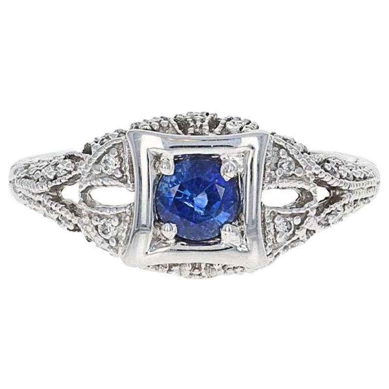 Sapphire and Diamond Ring, 18 Karat White Gold Round Cut .74 Carat