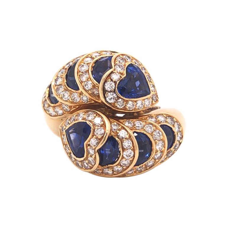 Sapphire and Diamond Ring 18 Karat Yellow Gold Heart and Circle Shapes