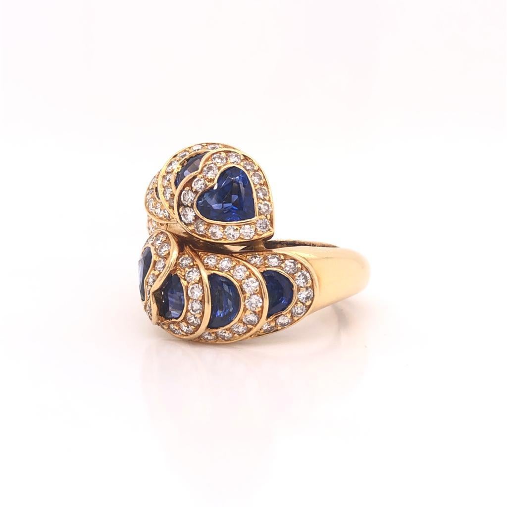 Women's or Men's Sapphire and Diamond Ring 18 Karat Yellow Gold Heart and Circle Shapes