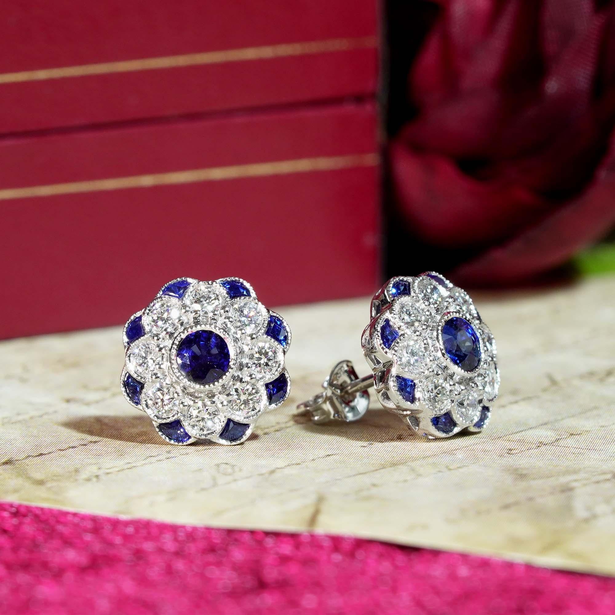 Art Deco Sapphire and Diamond Ring and Stud Earrings Jewelry Set in 18K White Gold For Sale