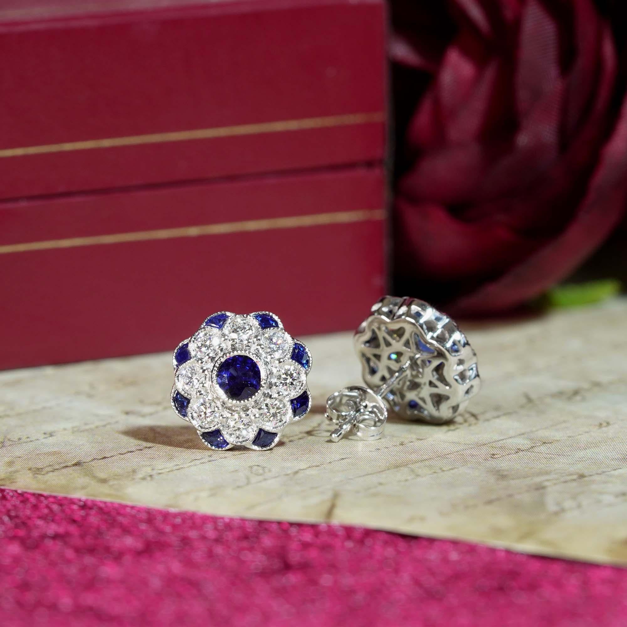 Round Cut Sapphire and Diamond Ring and Stud Earrings Jewelry Set in 18K White Gold For Sale