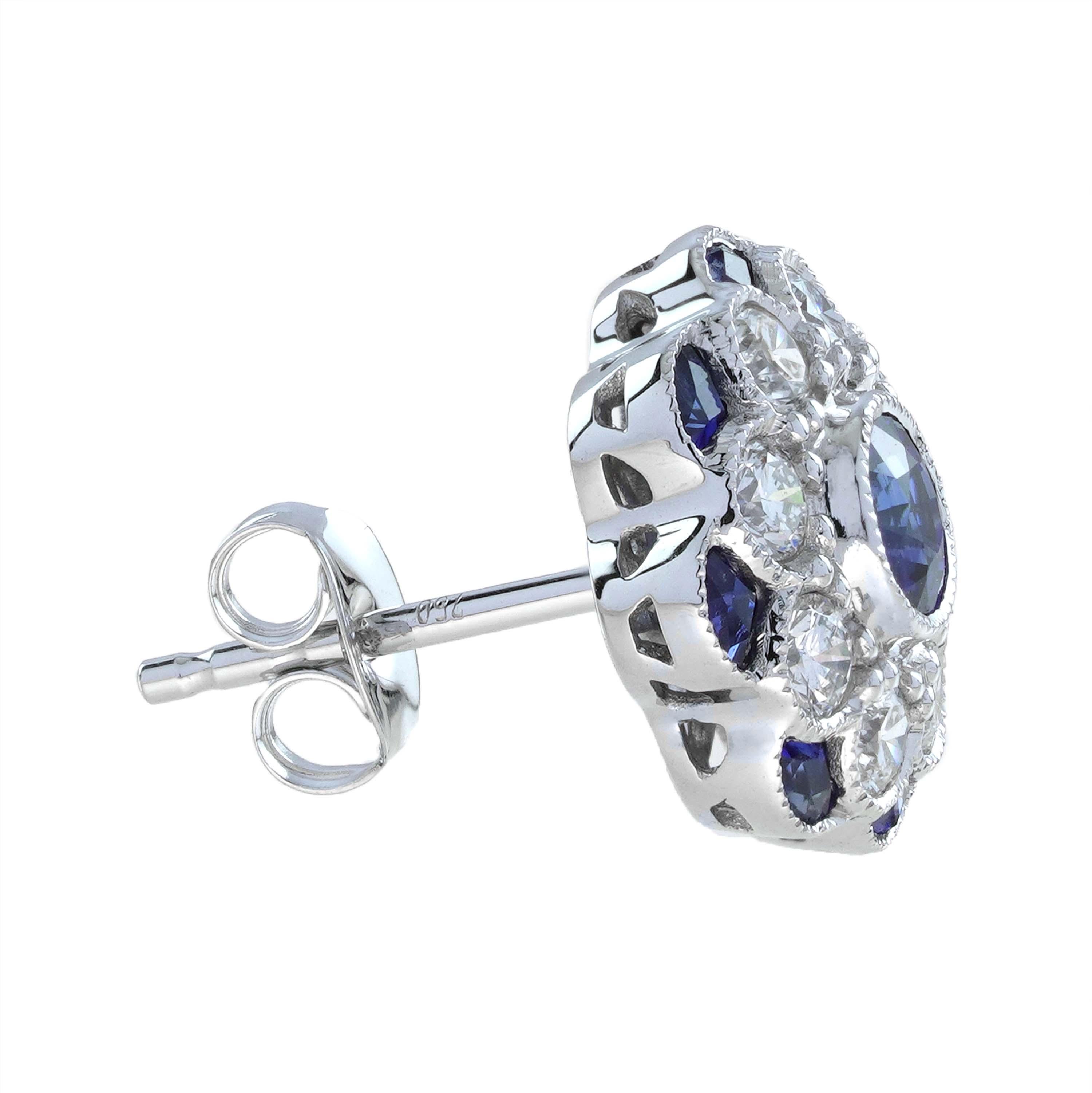 Women's Sapphire and Diamond Ring and Stud Earrings Jewelry Set in 18K White Gold For Sale