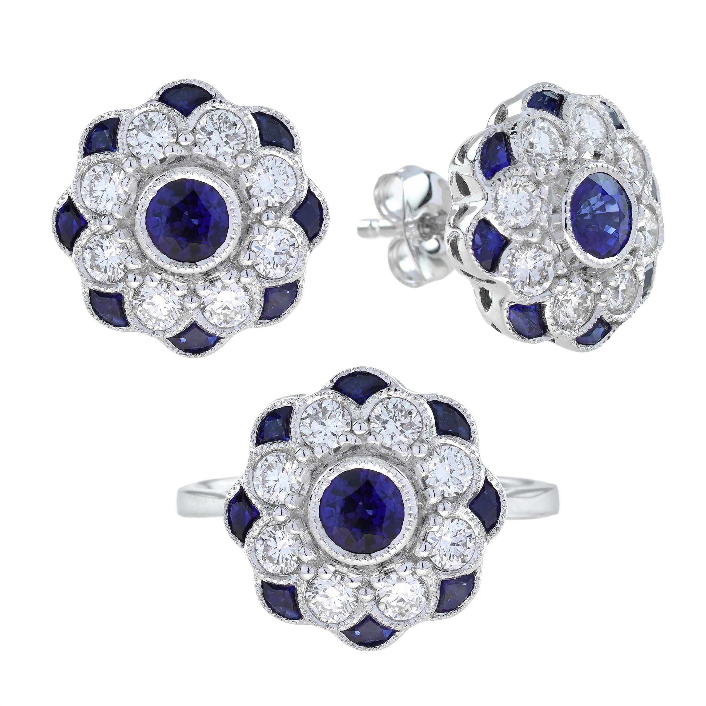 Sapphire and Diamond Ring and Stud Earrings Jewelry Set in 18K White Gold