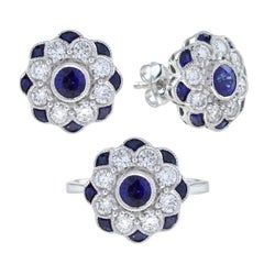 Sapphire and Diamond Ring and Stud Earrings Jewelry Set in 18K White Gold