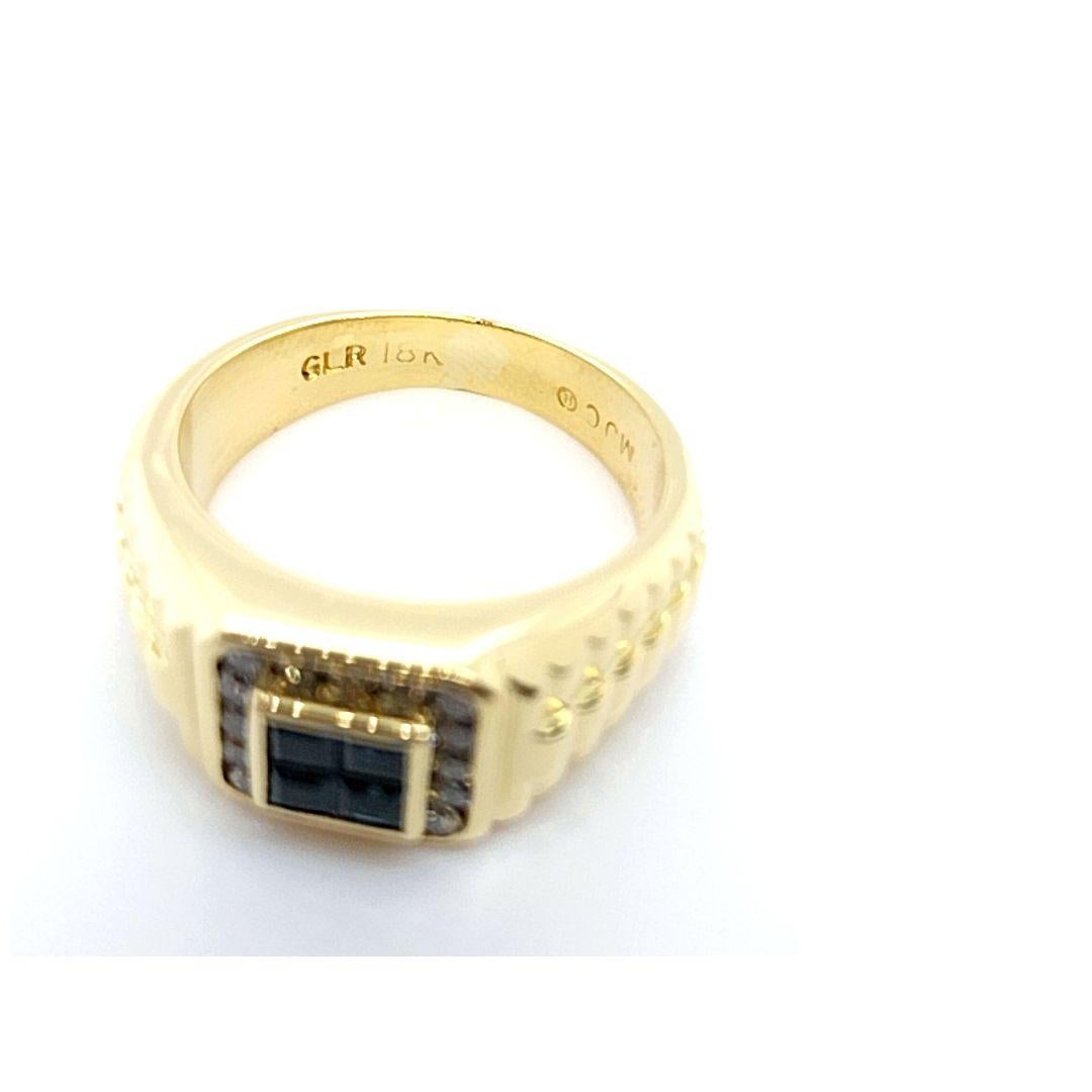 18 Karat Yellow Gold Ring Featuring 4 Princess Cut Sapphires Totaling 0.60 Carats Surrounded By 16 Channel-Set Round Diamonds of VS Clarity and H Color Totaling 0.16 Carats. Finger Size 8.5. Finished Weight is 11 Grams.