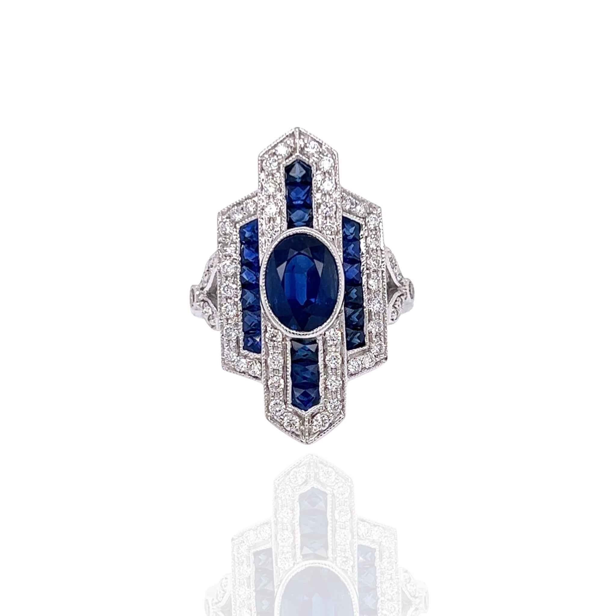  A TB Exclusive! You'll love this vintage inspired sapphire and diamond ring! Featuring 3.10 carats of vivid sapphires and 52 round brilliant diamonds, weighing 0.53 carats. All the stones are set in 5.46 grams of 14k white gold. 

Metal Type : 14k