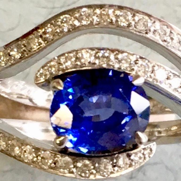 Baroque Revival 18 Carat White Gold Ceylon Sapphire and Diamond Ring