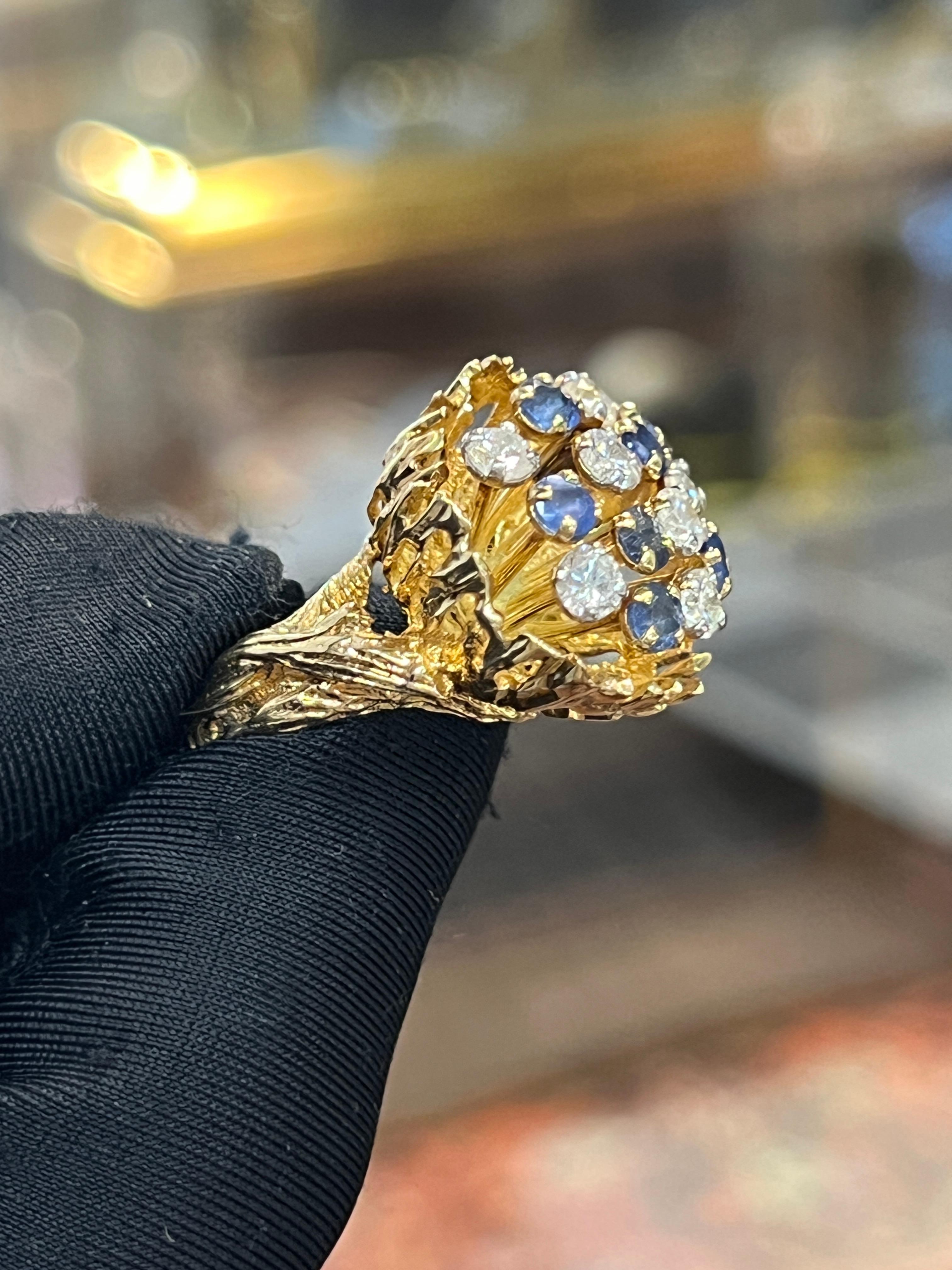 Rough Cut Sapphire and Diamond Flower Bouquet Ring For Sale