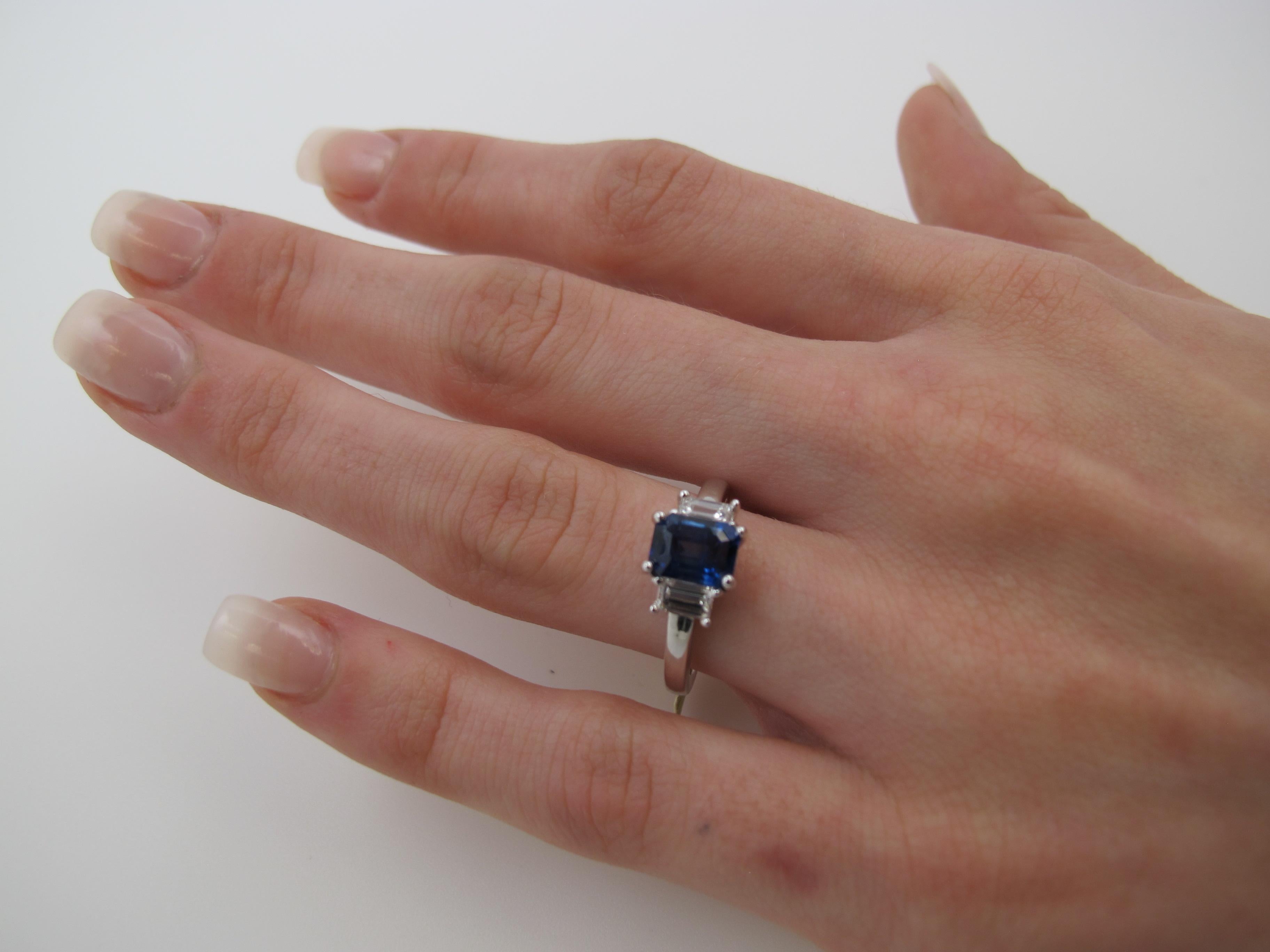 Artisan 1.49 Carat Emerald Cut Sapphire and Diamond Baguette Ring 18k White Gold