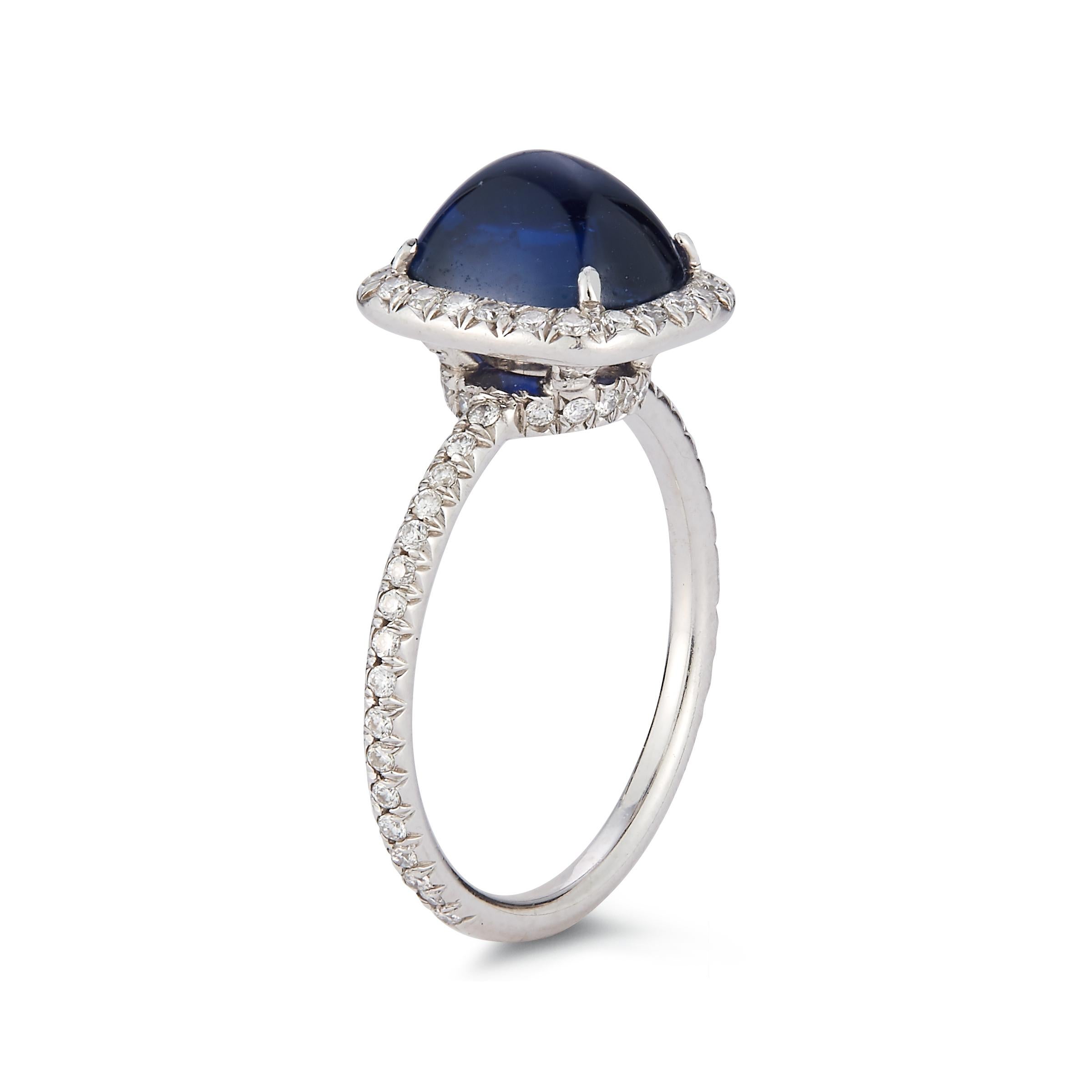 Cabochon Sapphire and Diamond Ring in 18K White Gold For Sale