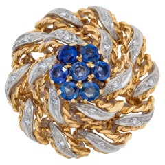 Sapphire and Diamond Ring in Twisted 18k White and Yellow Gold, Flower Style