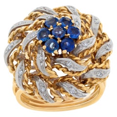 Vintage Sapphire and Diamond Ring in Twisted 18k White and Yellow Gold, Flower Style