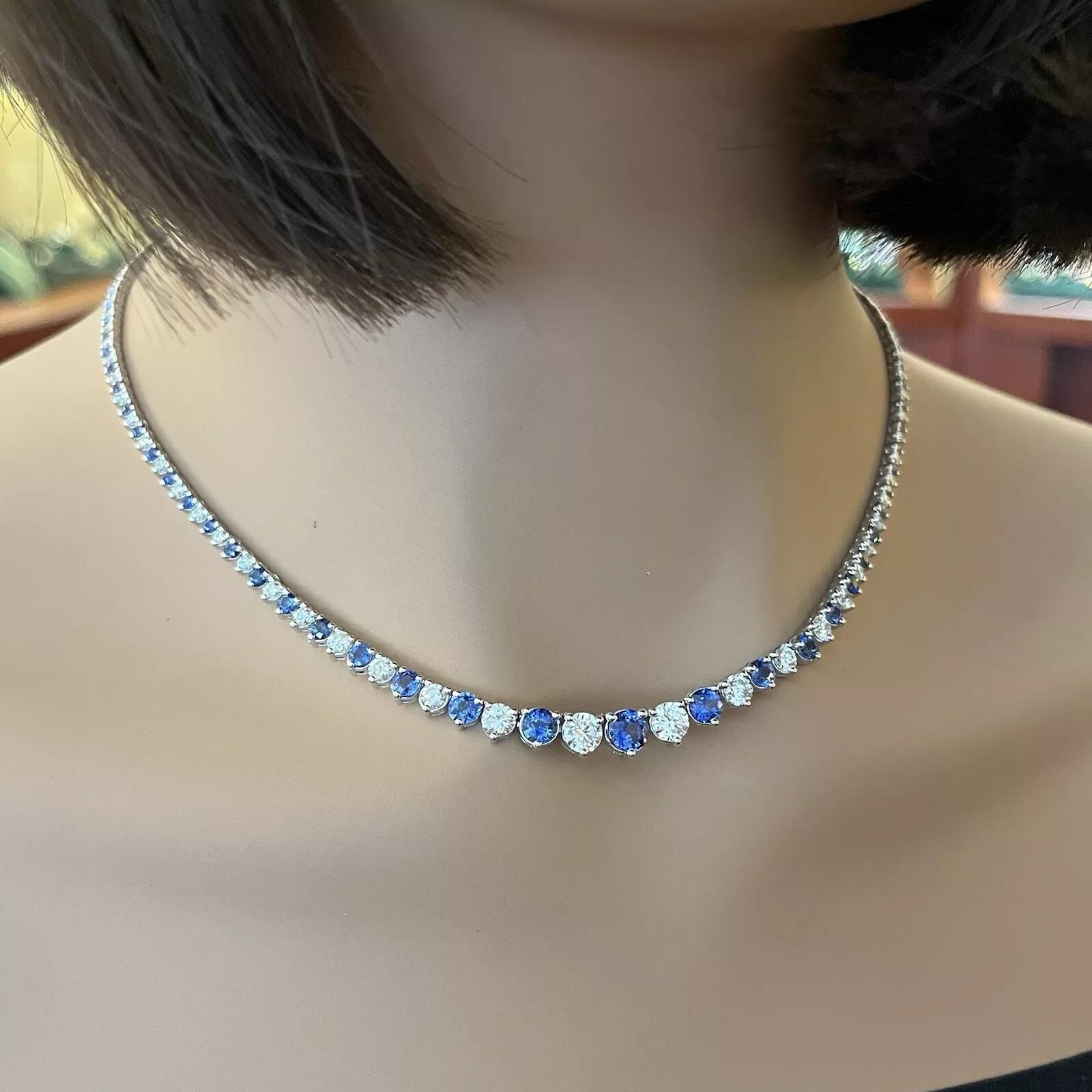 Round Cut Sapphire and Diamond Riviera Tennis Necklace 17