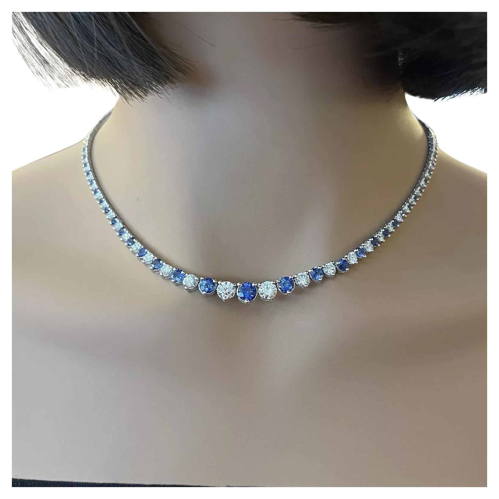 Sapphire and Diamond Riviera Tennis Necklace 17" in 18k White Gold