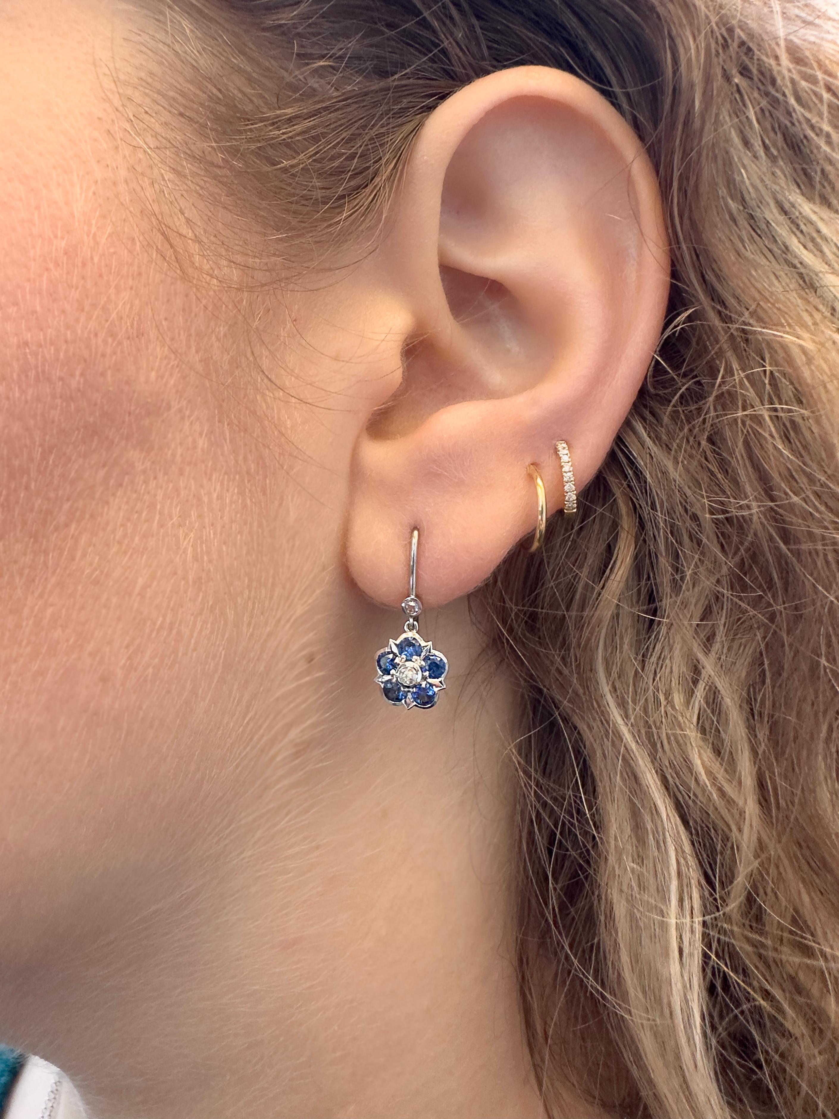 Tudor Sapphire and Diamond Rose Floral Platinum Drop Earrings For Sale