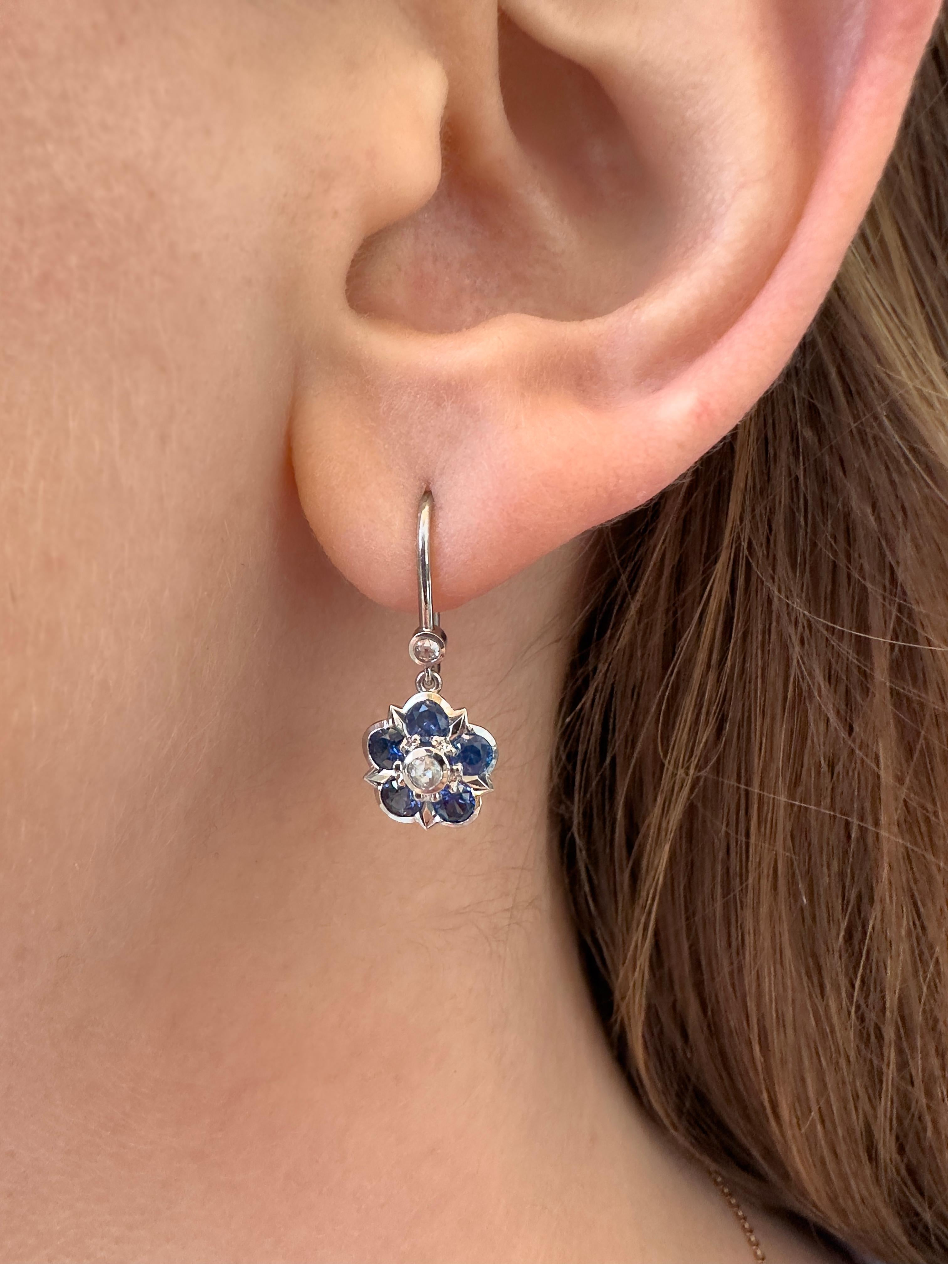 Rose Cut Sapphire and Diamond Rose Floral Platinum Drop Earrings For Sale