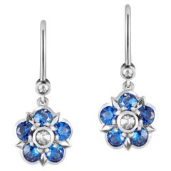 Sapphire and Diamond Rose Floral Platinum Drop Earrings
