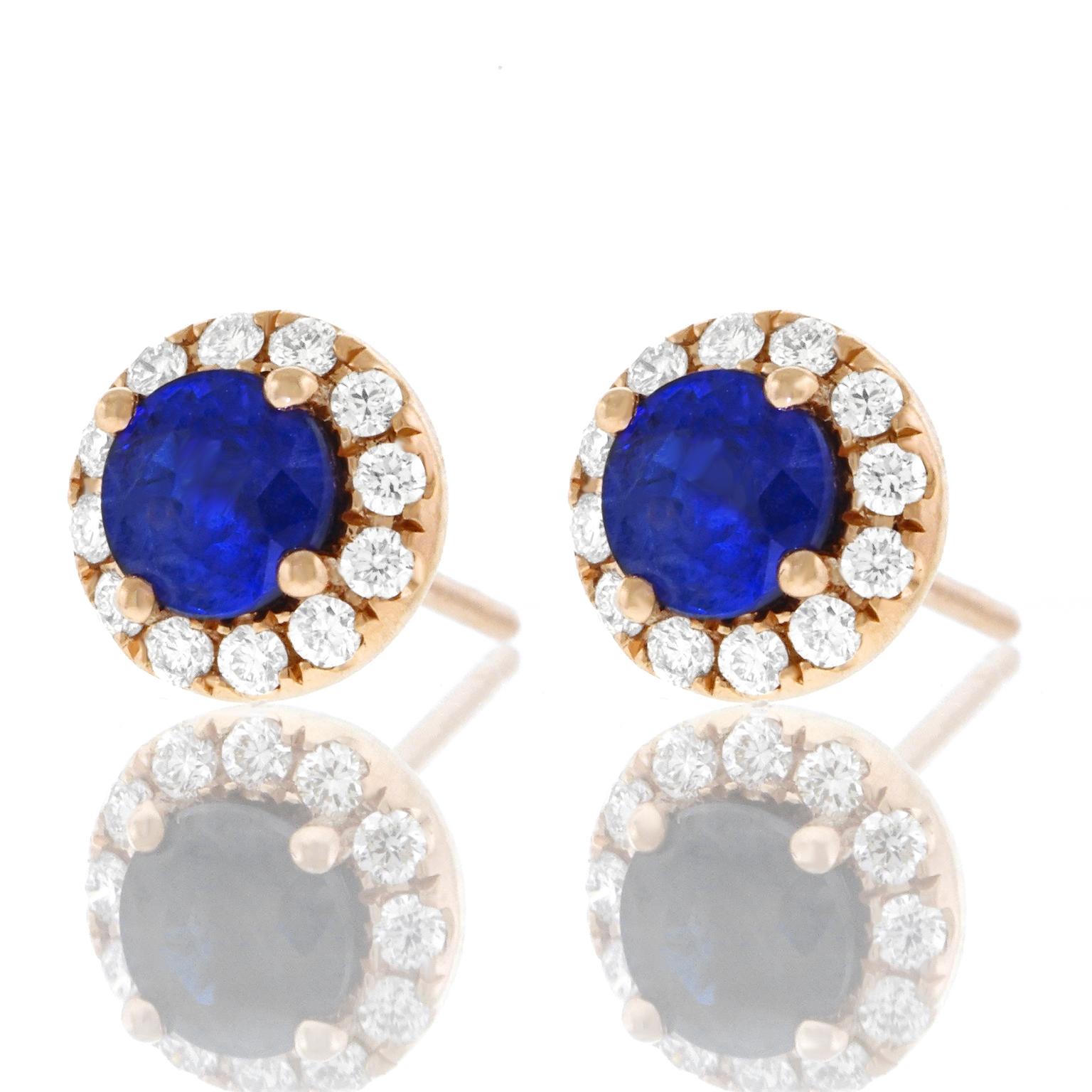 Sapphire and Diamond Set Gold Stud Earrings In Excellent Condition In Litchfield, CT