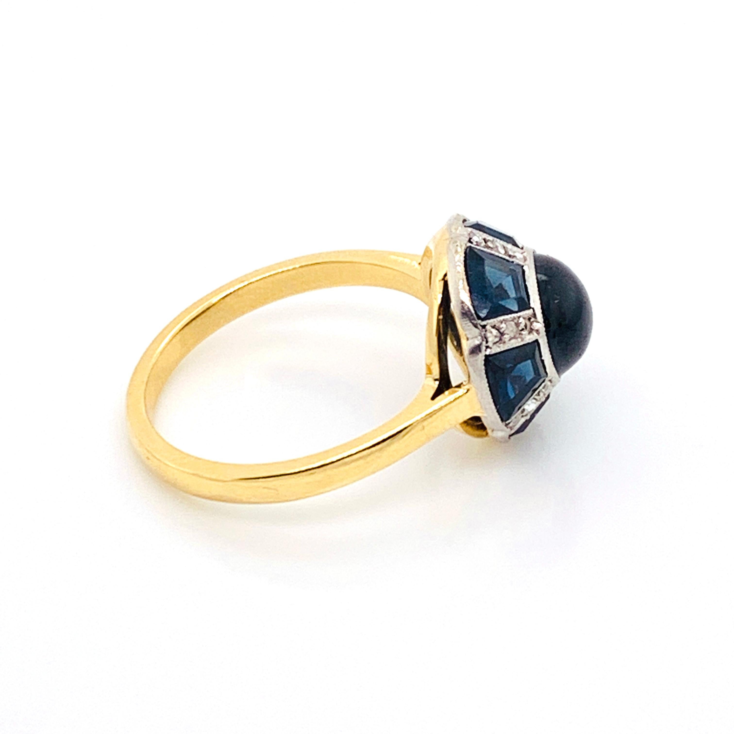 Cabochon Sapphire and Diamond Silver Upon Gold Ring