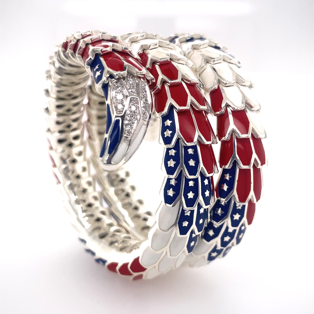 Taille ronde Bracelet jonc serpent en saphir et diamants, Italie en vente