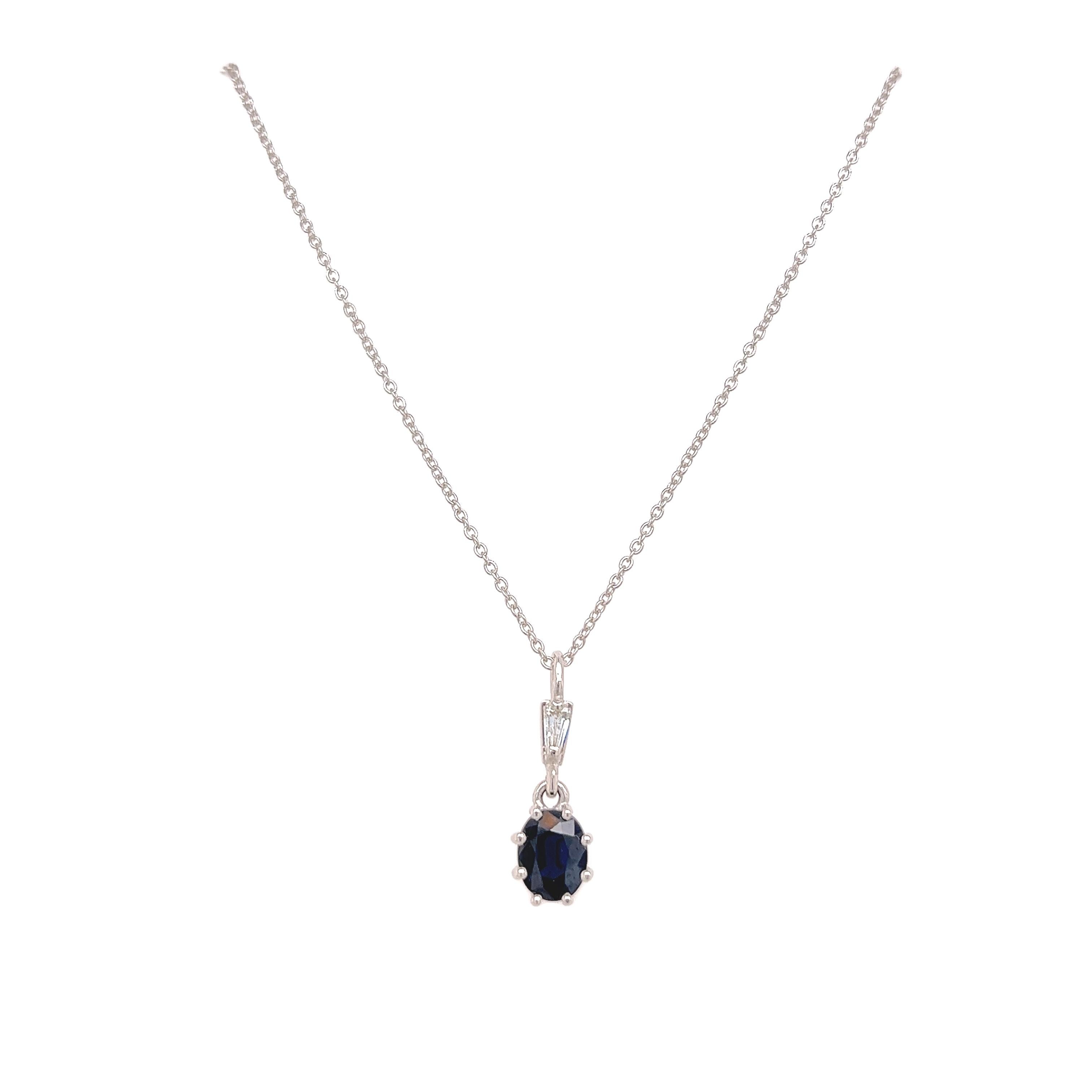 Round Cut Sapphire and Diamond Solitaire Pendant Set In 18ct White Gold For Sale