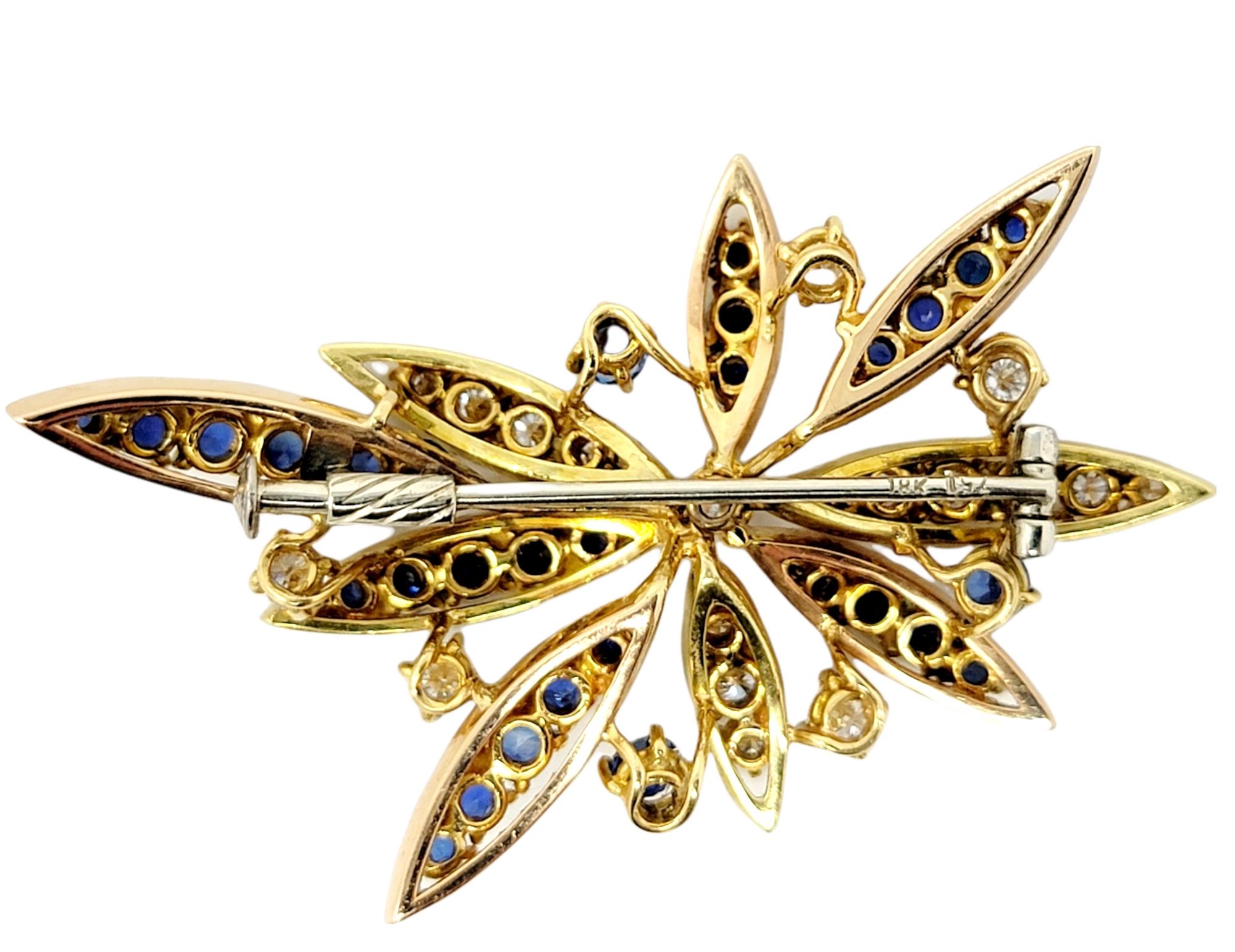 Round Cut Sapphire and Diamond Spray Brooch in 18 Karat Yellow Gold 6.60 Carats Total For Sale
