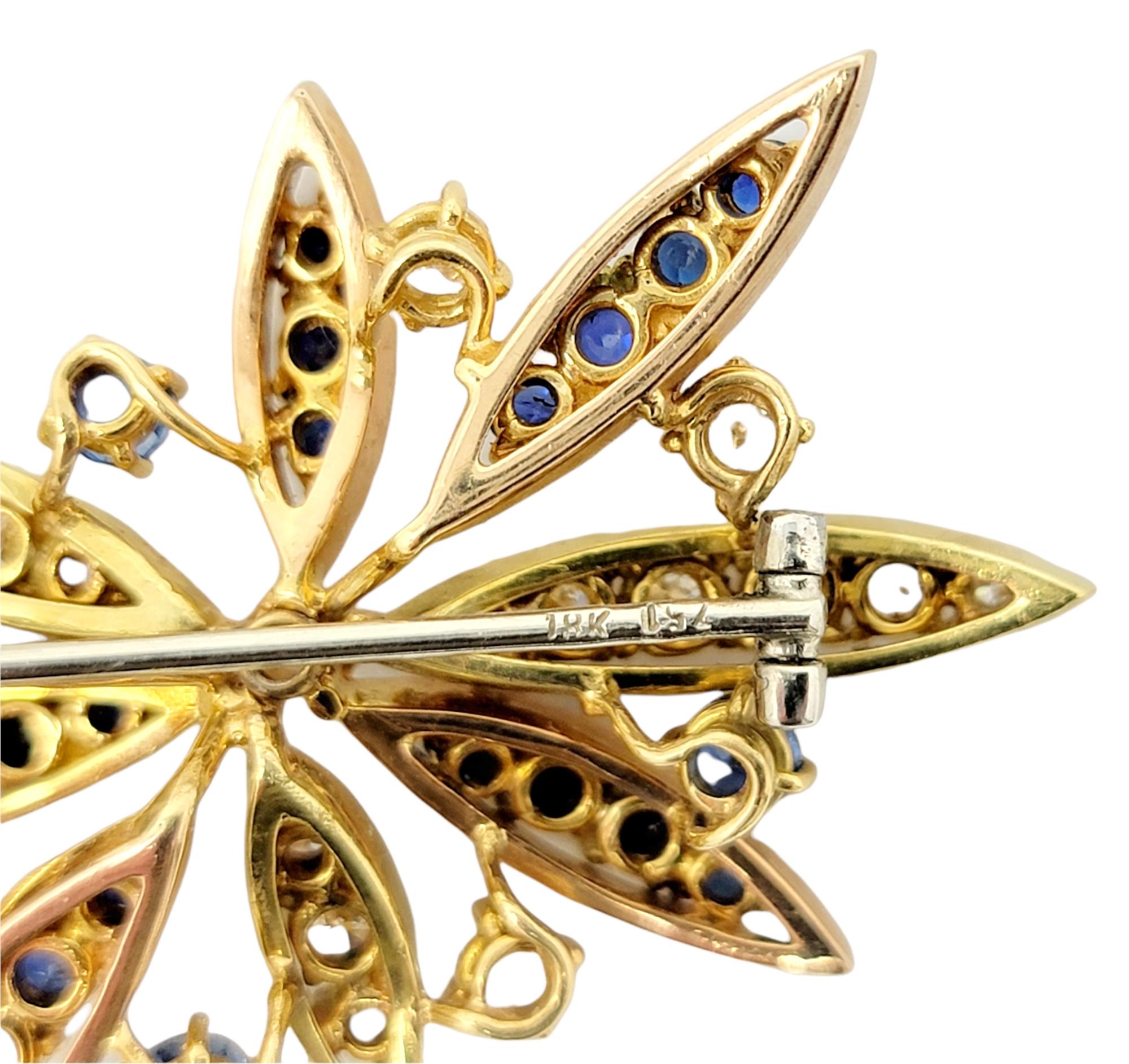 Women's Sapphire and Diamond Spray Brooch in 18 Karat Yellow Gold 6.60 Carats Total For Sale