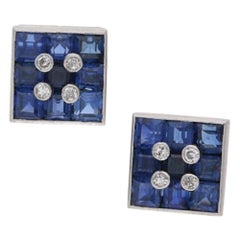 Sapphire and Diamond Square Button Stud Earrings Set in 18 Karat White Gold