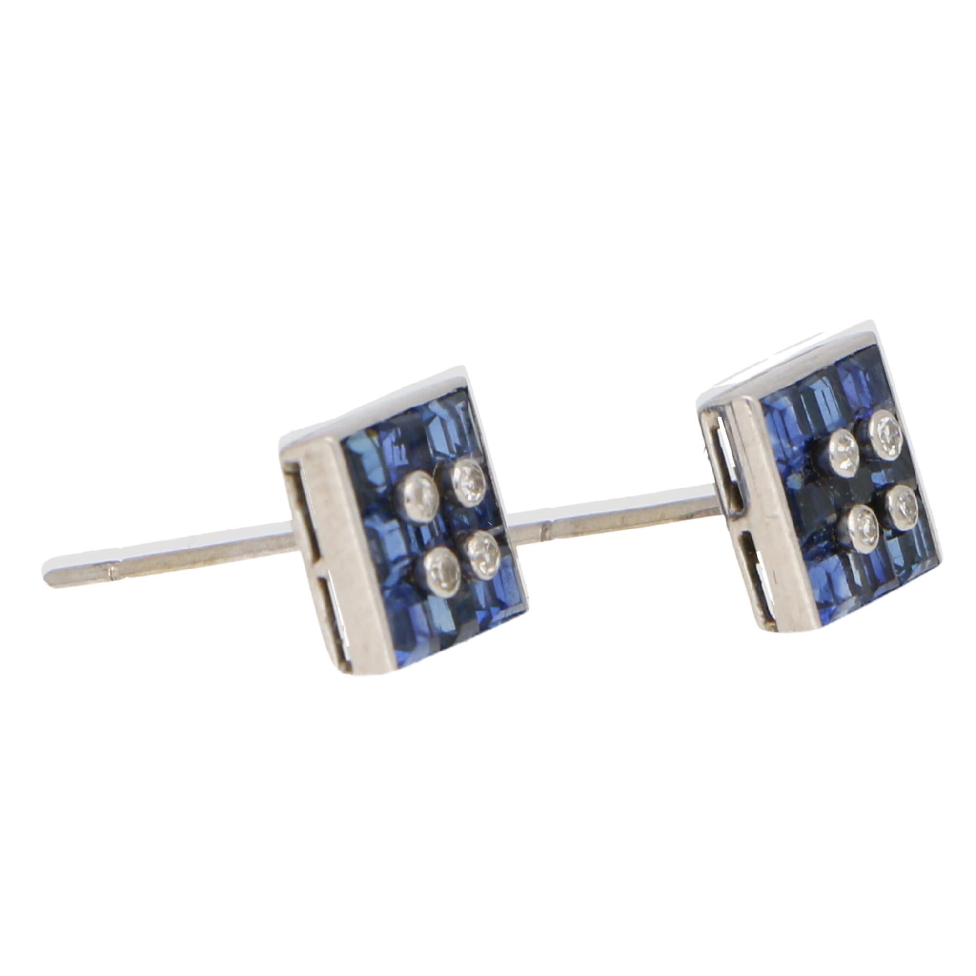 Round Cut Sapphire and Diamond Square Button Stud Earrings Set in 18 Karat White Gold