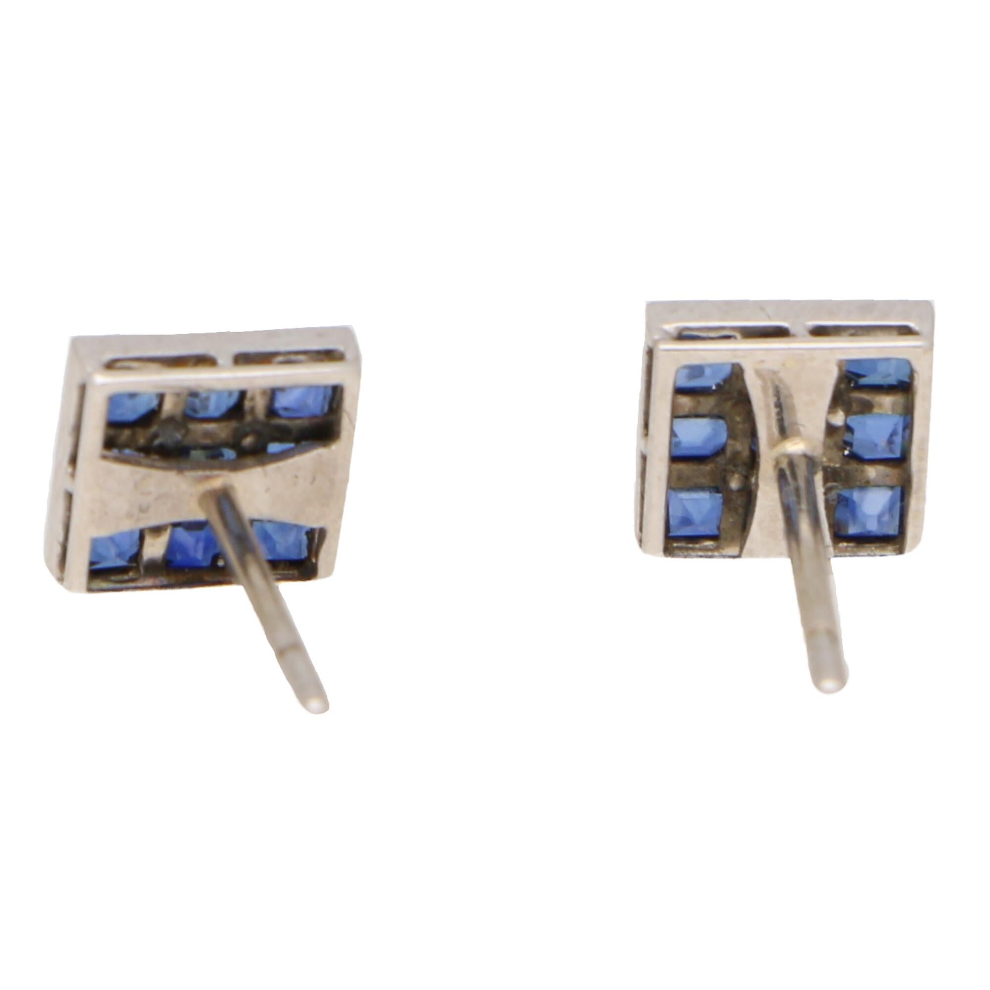 Sapphire and Diamond Square Button Stud Earrings Set in 18 Karat White Gold In Good Condition In London, GB