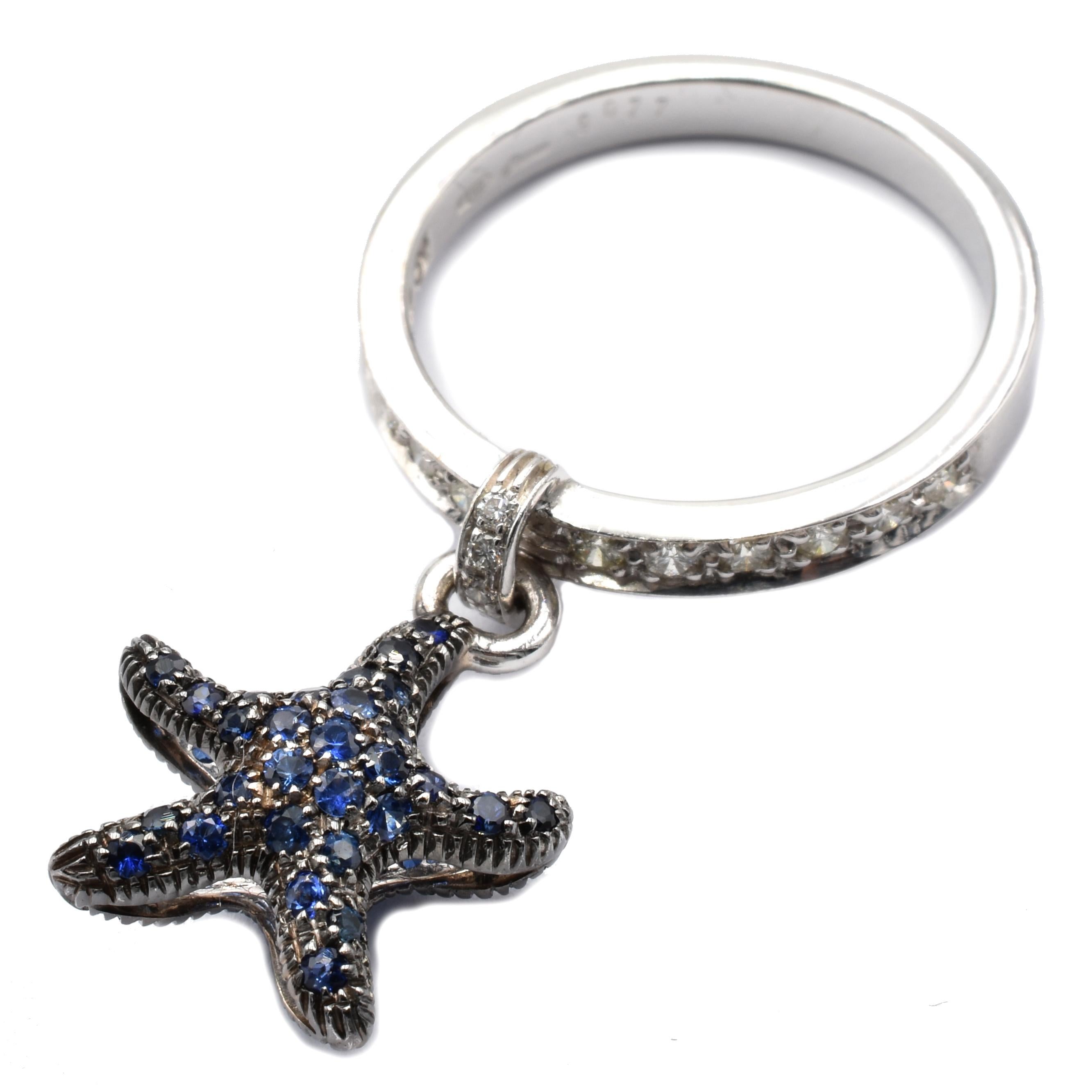 Round Cut Gilberto Cassola Sapphire and Diamond Starfish Charm White Gold Ring  For Sale